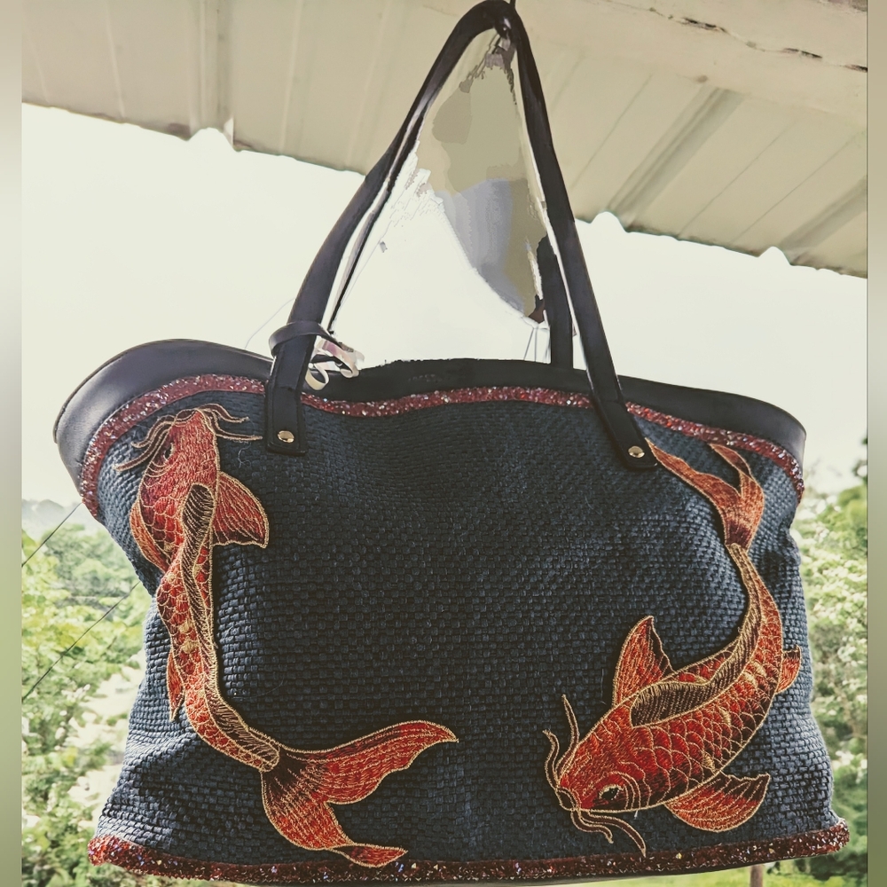 UPCYCLED ๐ ๐ DON'T BE KOI ๐๐ Leather/Woven Cotton TOTE๐ฟ PEACE GARDEN DESIGNS - Picture 4 of 15